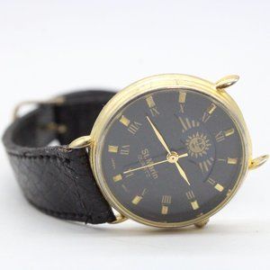 Vintage St Martin Moonphase Watch Unisex Retro Gold Tone Steel Black Dial 90s